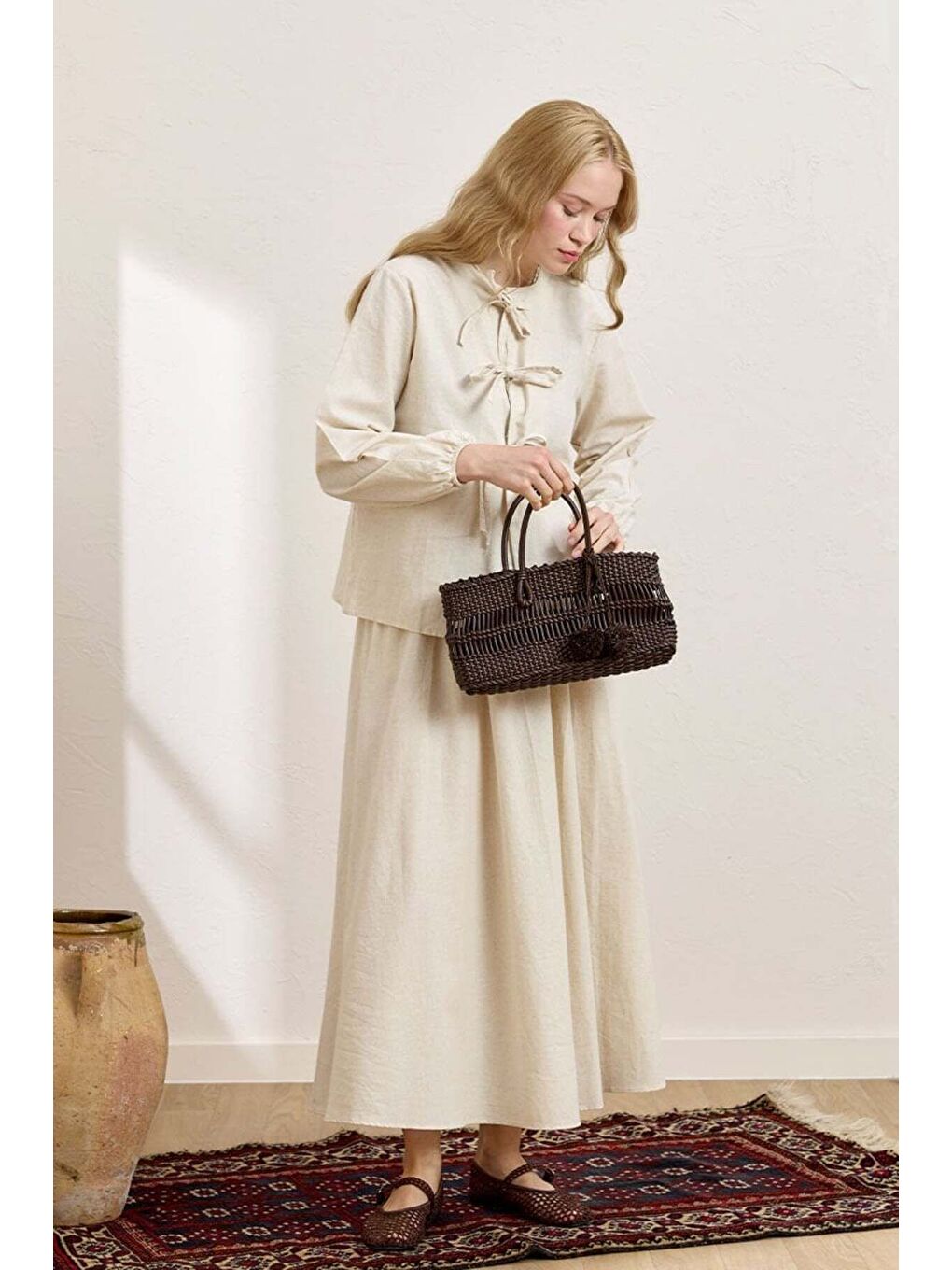 Ekru Krem Üç Fiyonklu Organik Keten Bluz   Balon Etek Takım-1