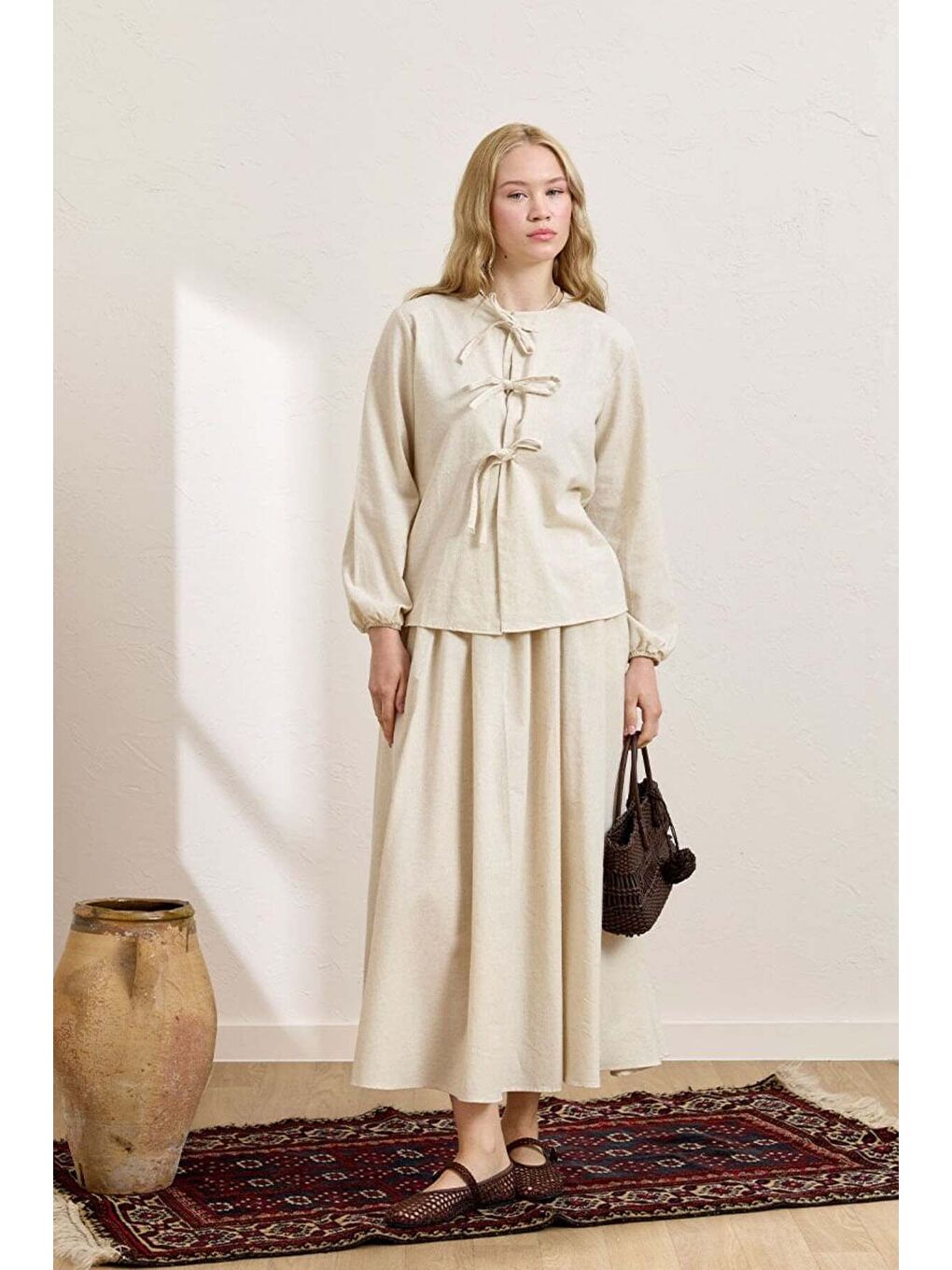 Ekru Krem Üç Fiyonklu Organik Keten Bluz   Balon Etek Takım-2
