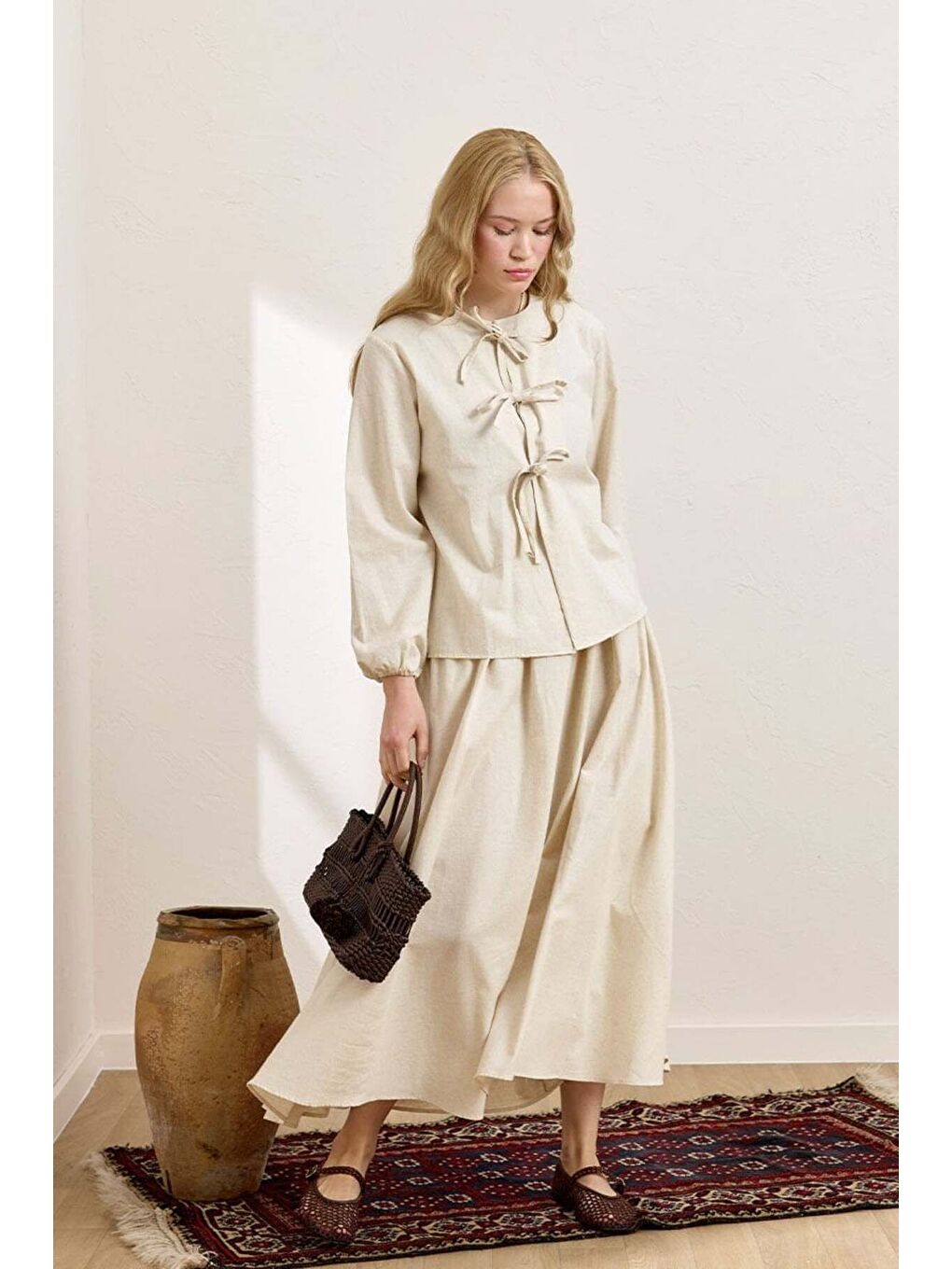 Ekru Krem Üç Fiyonklu Organik Keten Bluz   Balon Etek Takım-3