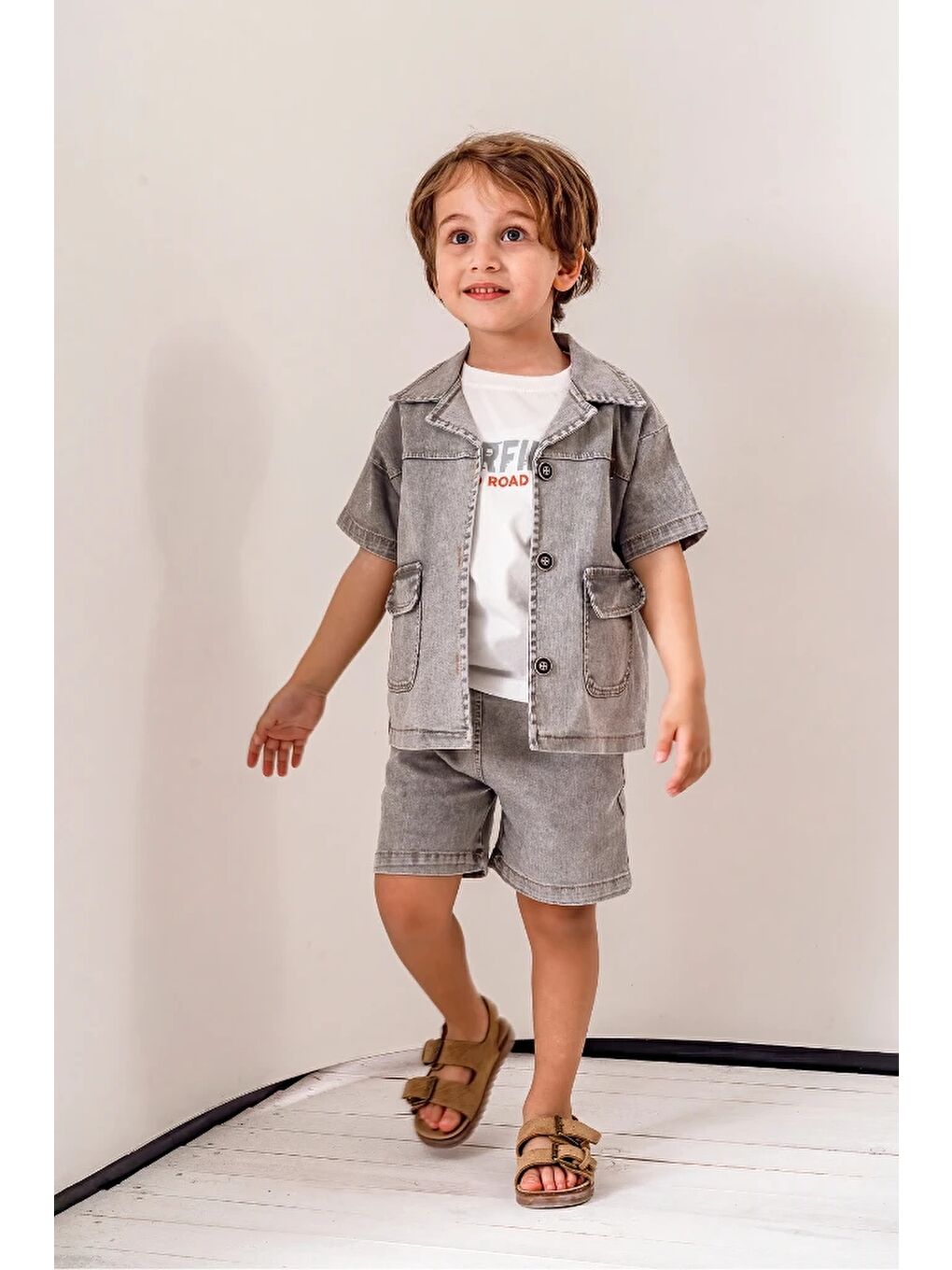 Gri Jean Gömlek Jean Şort ve T-shirt 3lü Erkek Çocuk Takım-3