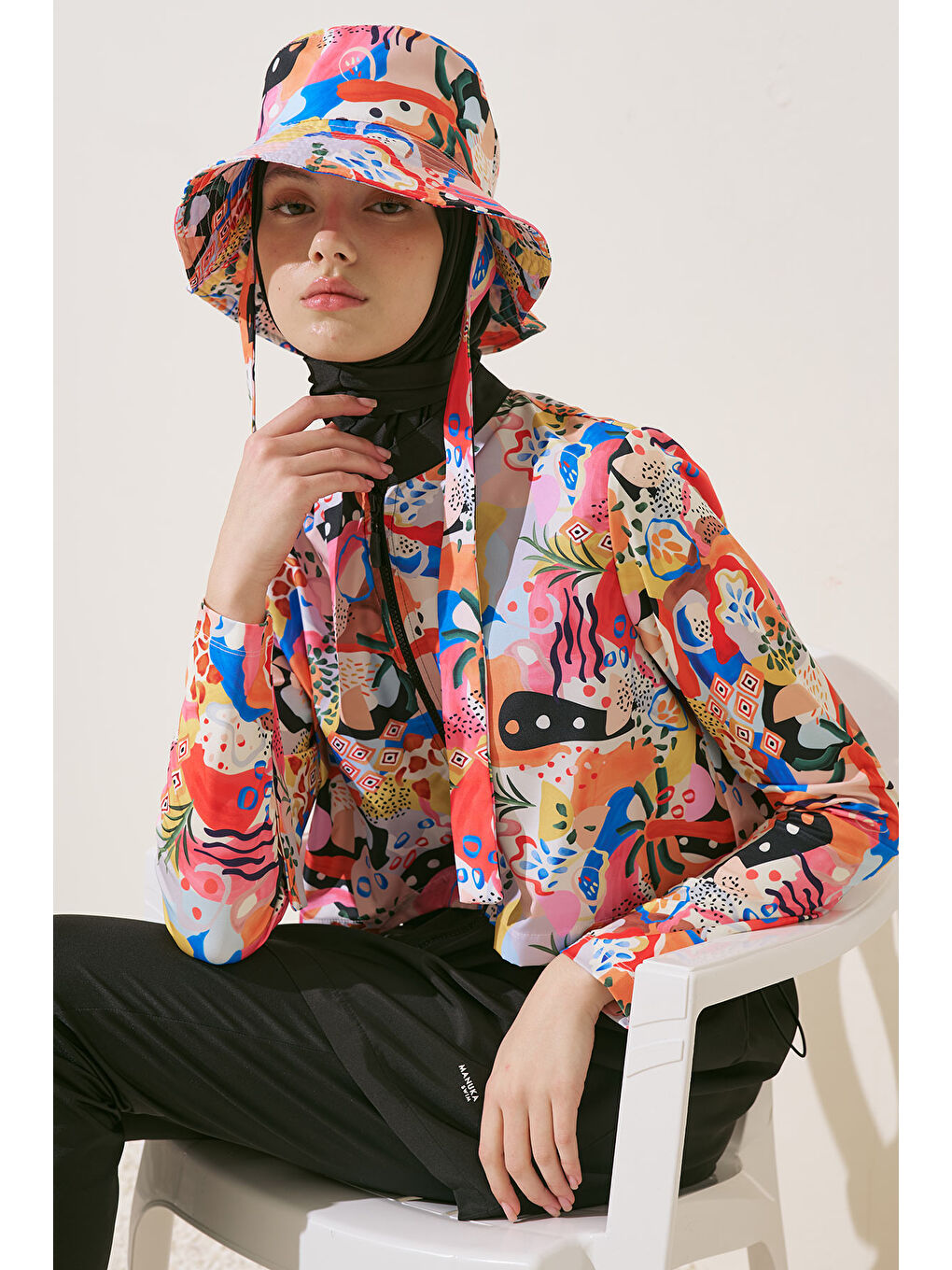 Turuncu Fermuarlı 3'Lü Tesettür Mayo Takım Abstract