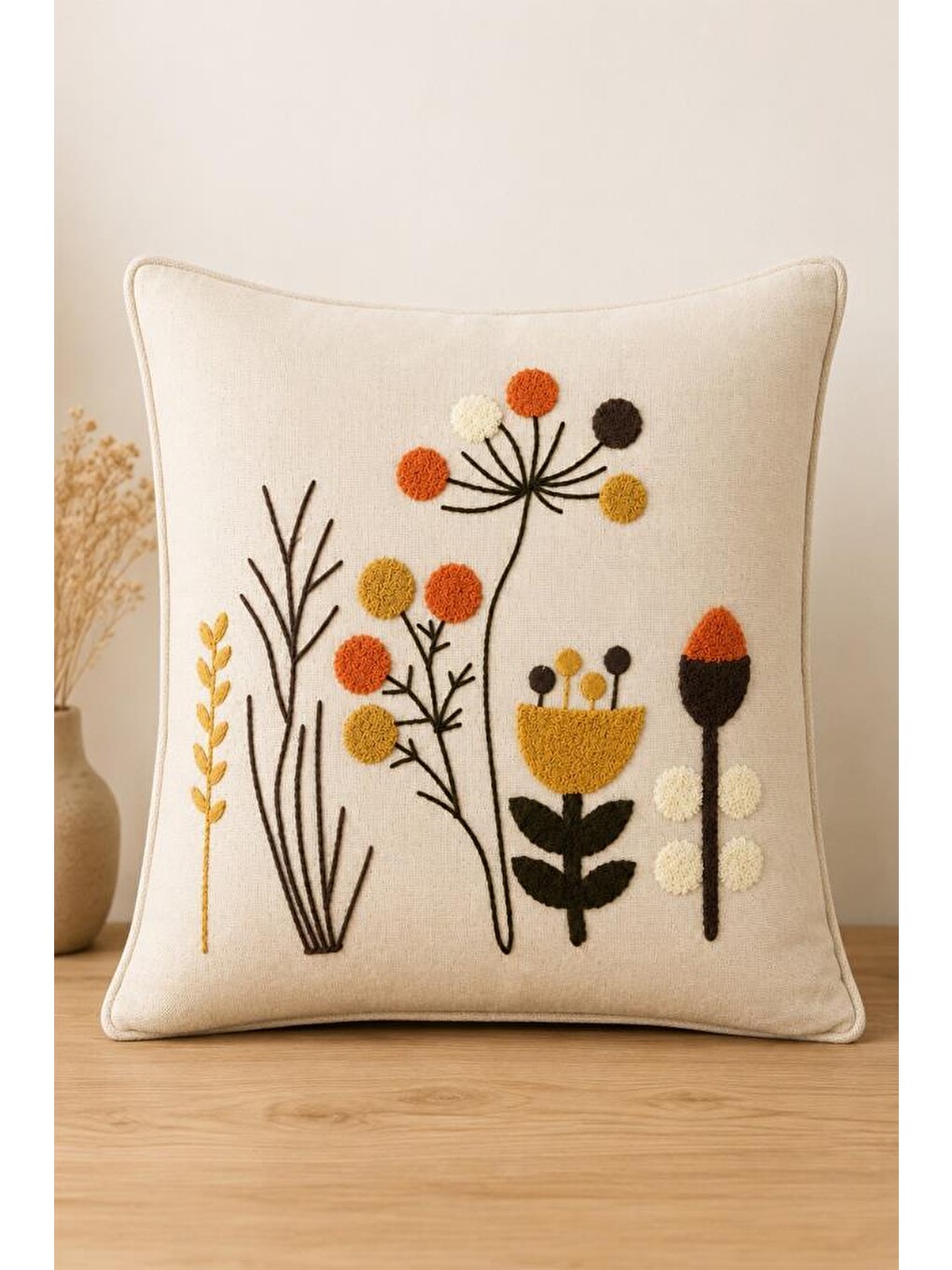 Karışık Çiçekçim Lüx Nakışlı Keten Kırlent Kılıfı 45x45 Cm