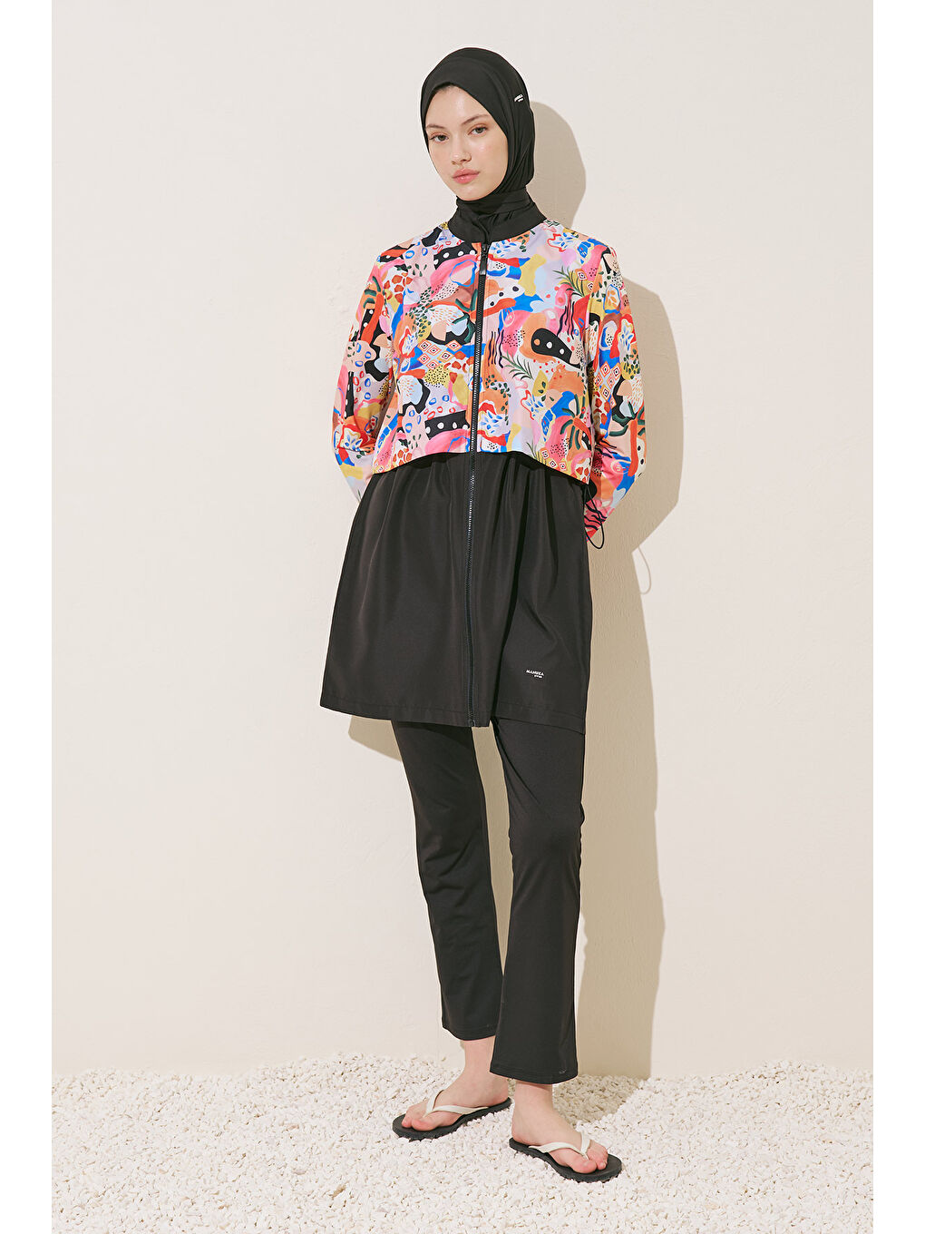 Turuncu Fermuarlı 3'Lü Tesettür Mayo Takım Abstract-2