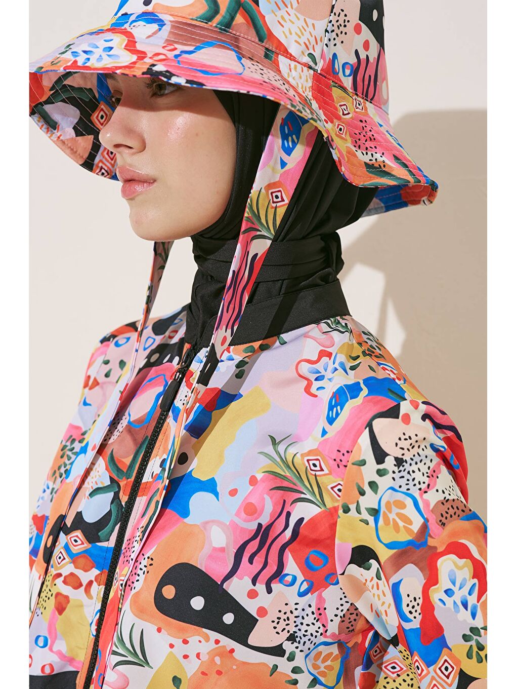 Turuncu Fermuarlı 3'Lü Tesettür Mayo Takım Abstract-3