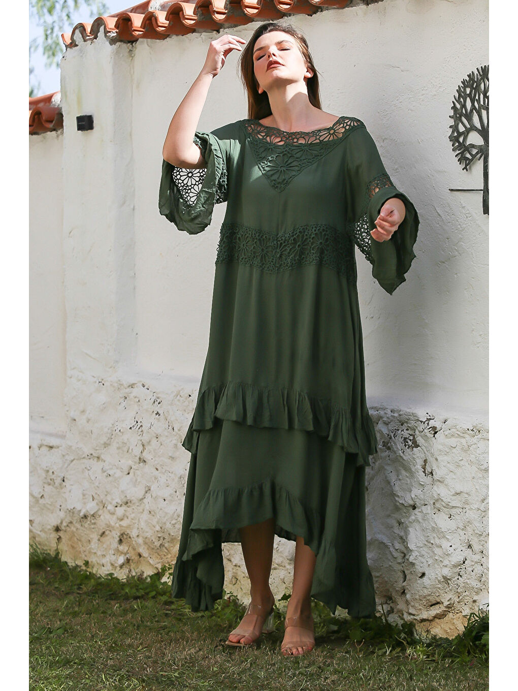 Koyu Yeşil Kayık Yaka Dantelli Kol Astarlı Etek Ucu Fırfırlı Casual Viskon Dokuma Elbise 125 62-2