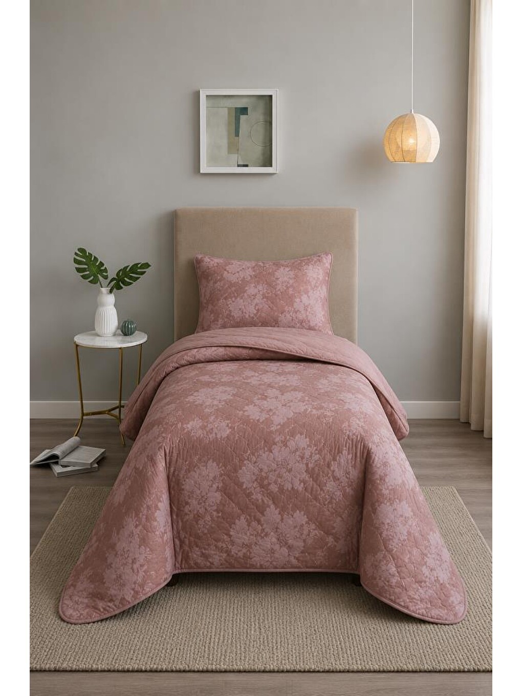 Pembe Lois Jakarlı Tek Kişilik Yatak Örtüsü 180x240 Cm Gül Kurusu