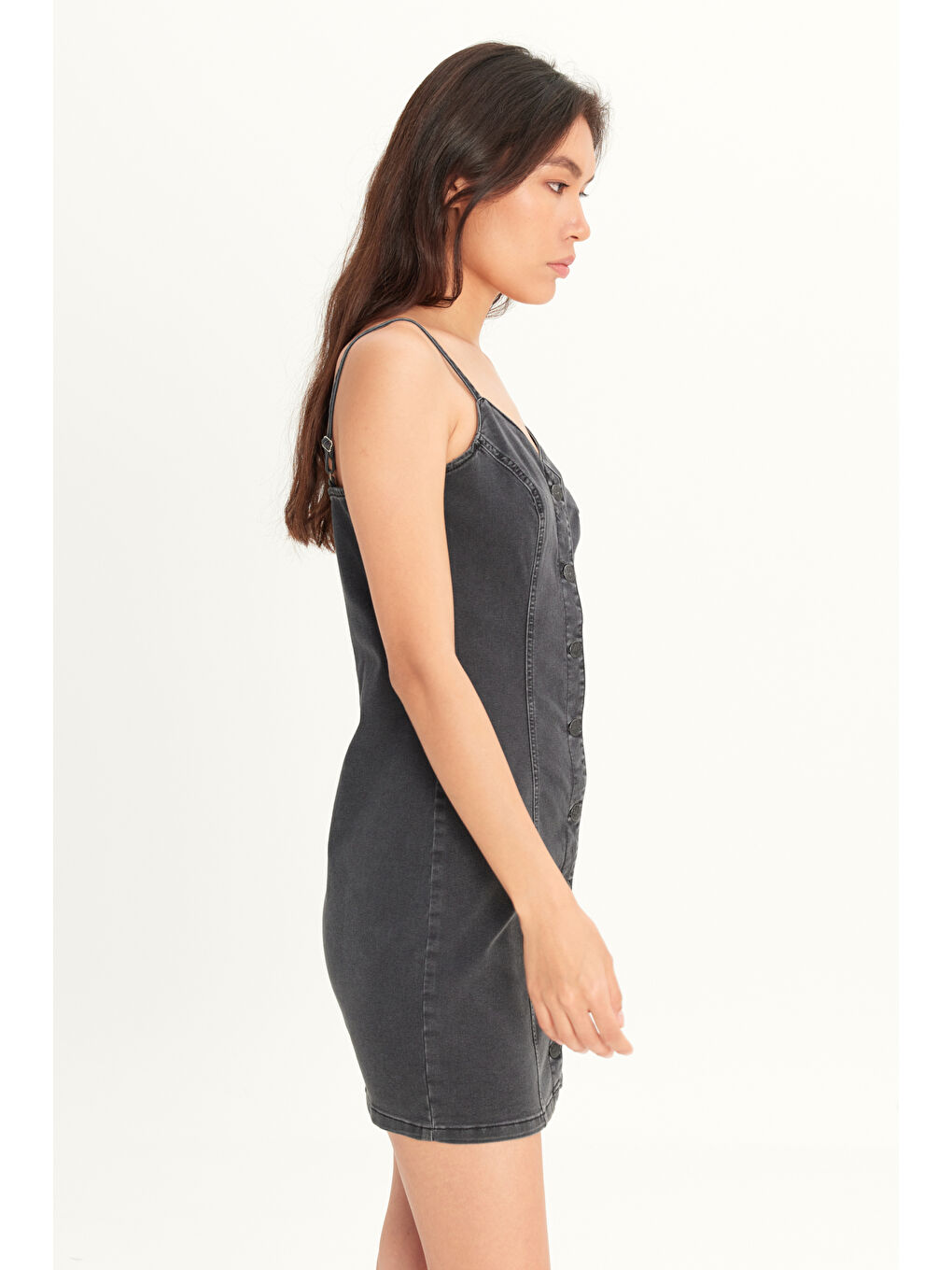 Siyah Slim Fit Dar Kesim V Yaka Askılı Antrasit Esnek Jean Jean Elbise-1