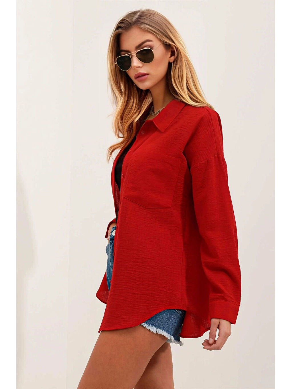 Hazelin Kirmizi Kadın Kırmızı Tek Cepli Oversize Keten Ayrobin Gömlek HZL24S-BD1201531 - 2