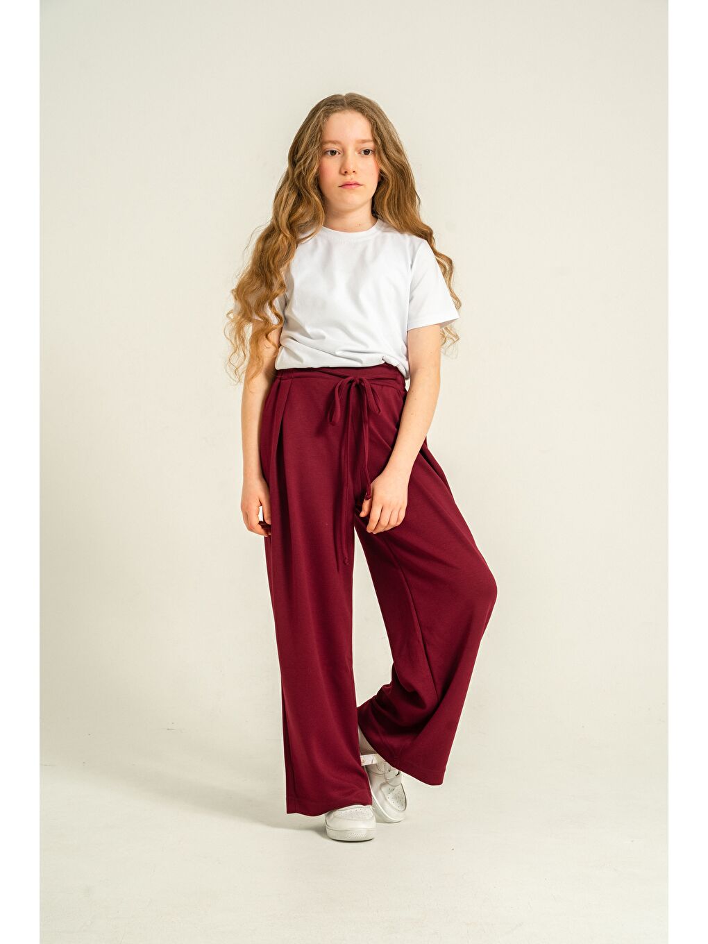 Bordo Ön Pileli Yumuşak Dokulu - Comfort Kumaş Kız Çocuk Eşofman Altı-1