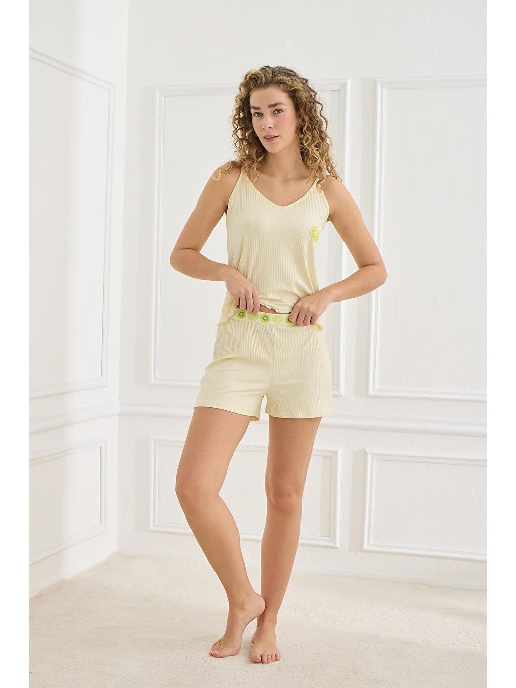 Kadın İp Askılı Kaşkorse Şort Takım | Sarı 70702-856