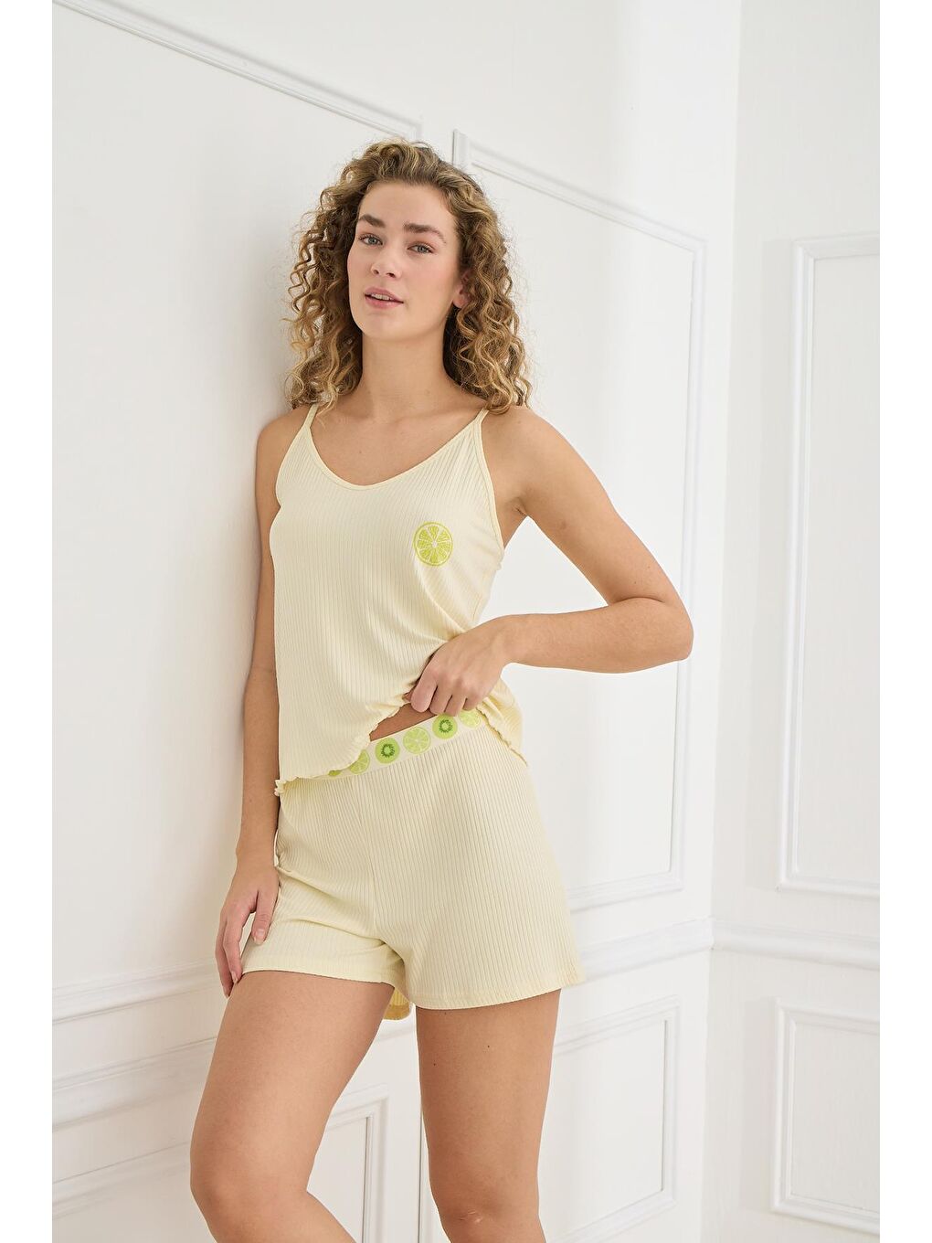 Kadın İp Askılı Kaşkorse Şort Takım | Sarı 70702-856-1