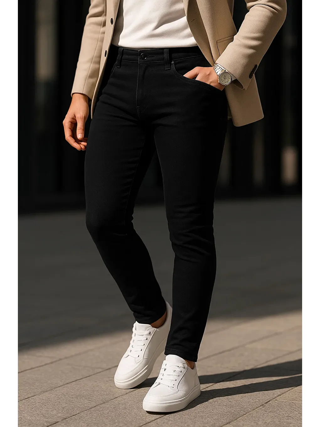 Erkek Pamuklu Basic Siyah Jeans Pantolon-1