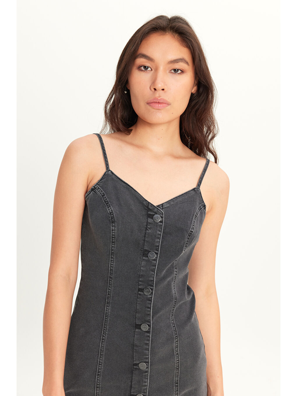 Siyah Slim Fit Dar Kesim V Yaka Askılı Antrasit Esnek Jean Jean Elbise-3