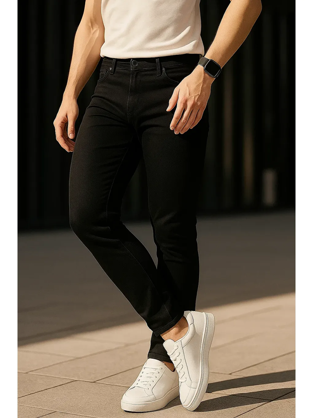 Erkek Pamuklu Basic Siyah Jeans Pantolon-3