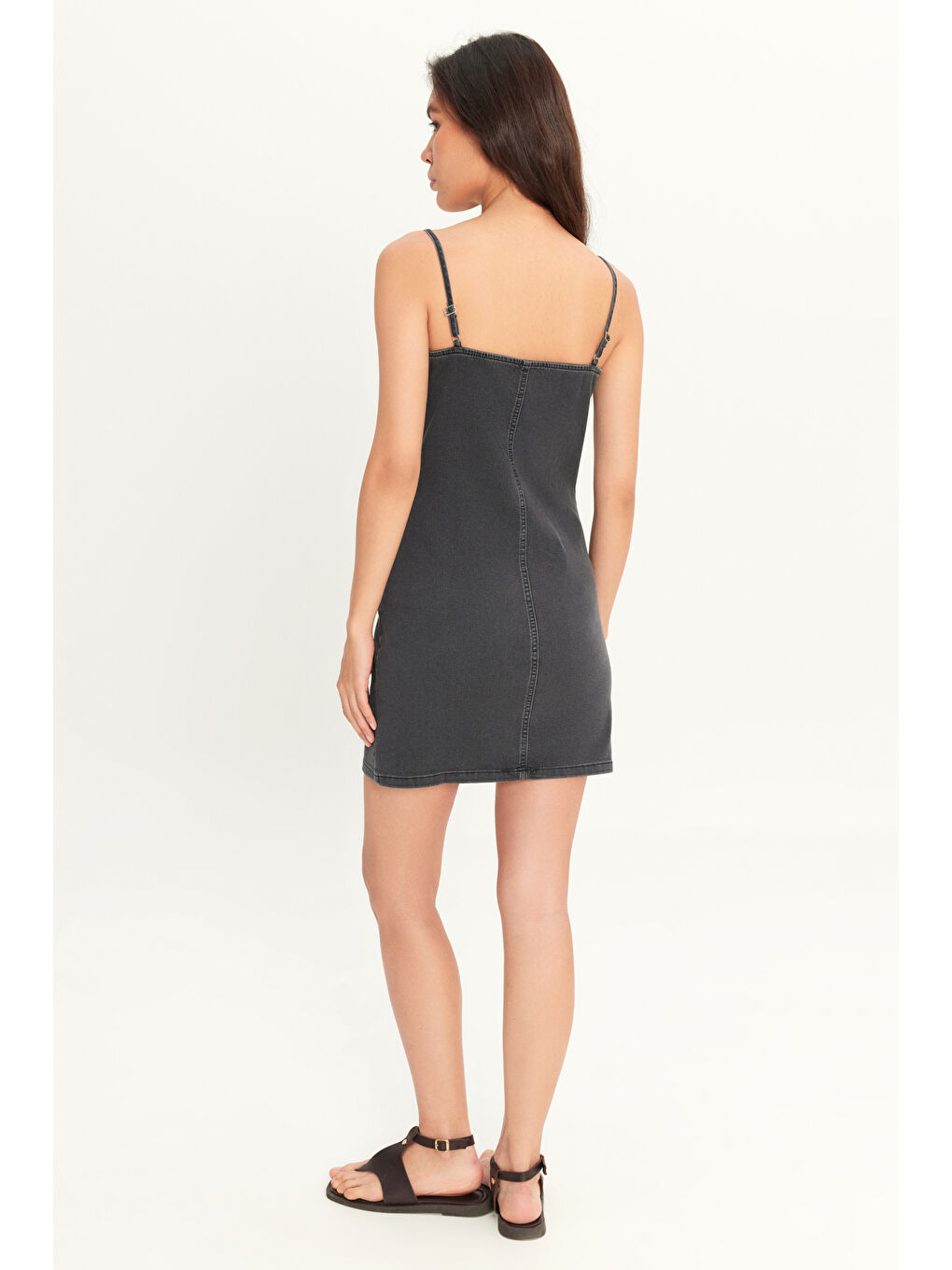 Siyah Slim Fit Dar Kesim V Yaka Askılı Antrasit Esnek Jean Jean Elbise-4