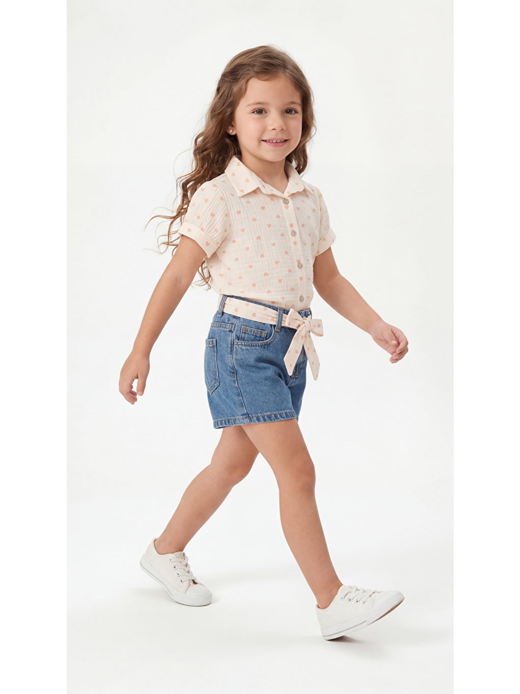 Pembe Kalp Baskılı Kurdeleli Kız Çocuk Tişört-Şort Takım-1