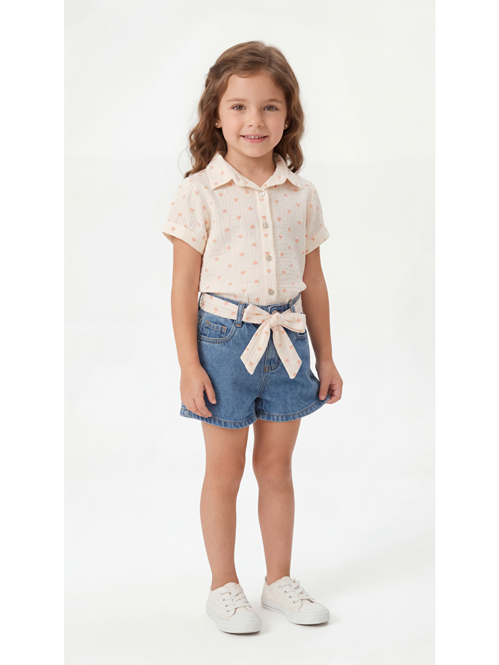 Pembe Kalp Baskılı Kurdeleli Kız Çocuk Tişört-Şort Takım-2