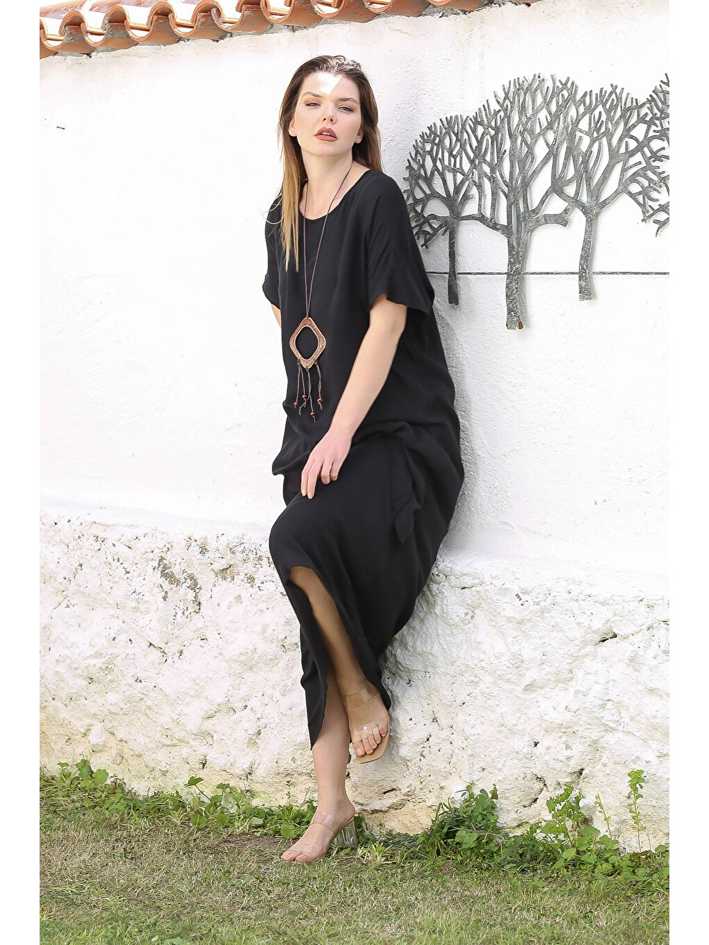 Chiccy Siyah Havuz Yaka Kısa Kol İnce Çift Katlı Casual Dokuma Elbise 135 60 - 2