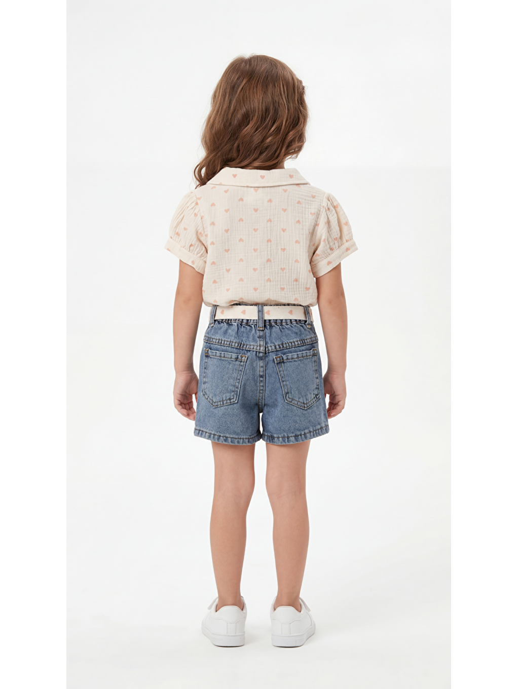 Pembe Kalp Baskılı Kurdeleli Kız Çocuk Tişört-Şort Takım-3