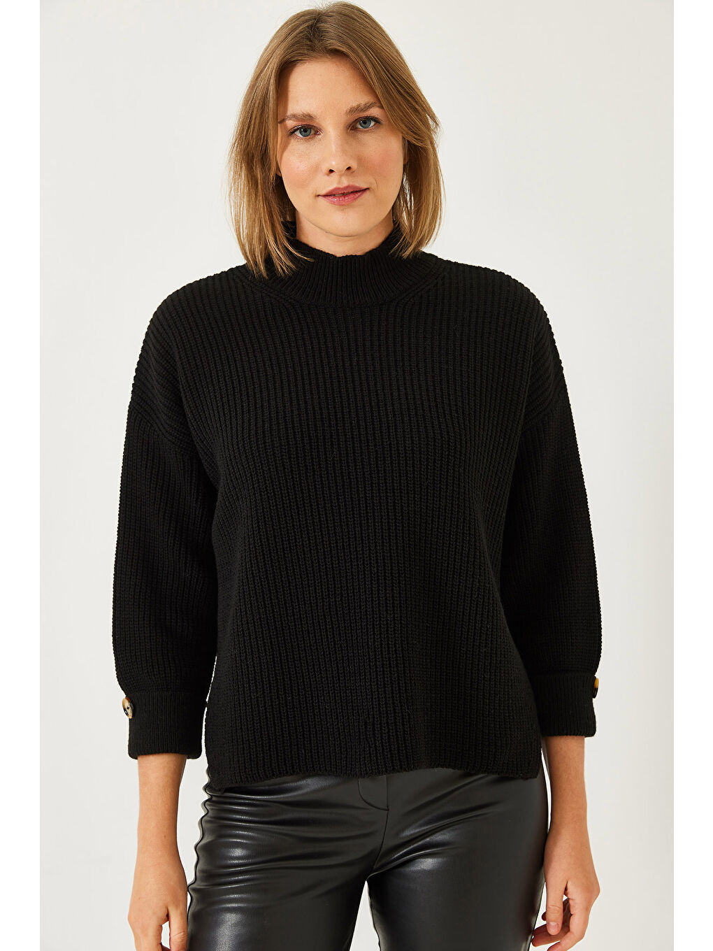 Siyah Kadın Selanik Örgü Kazak-4