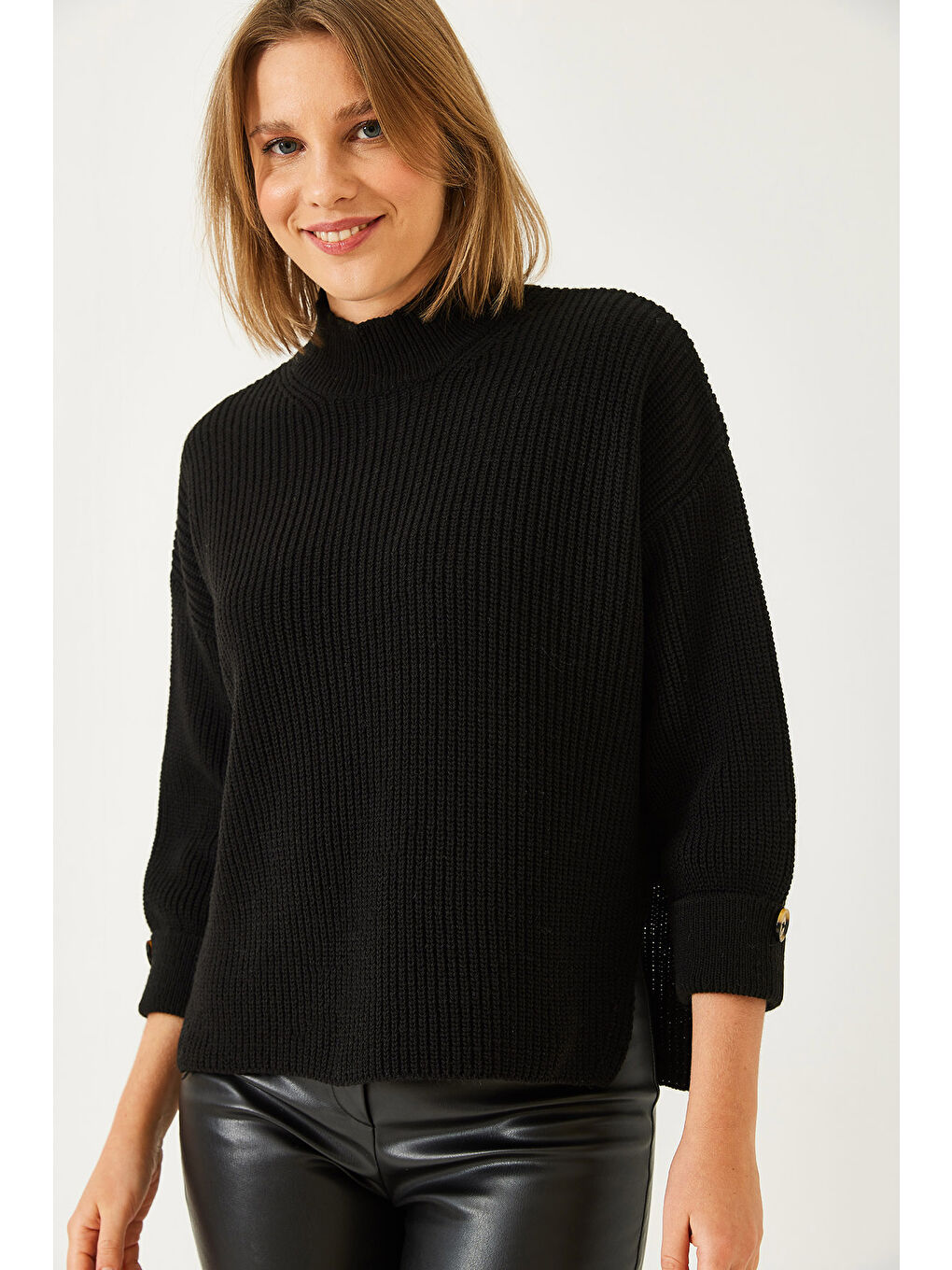 Siyah Kadın Selanik Örgü Kazak-5