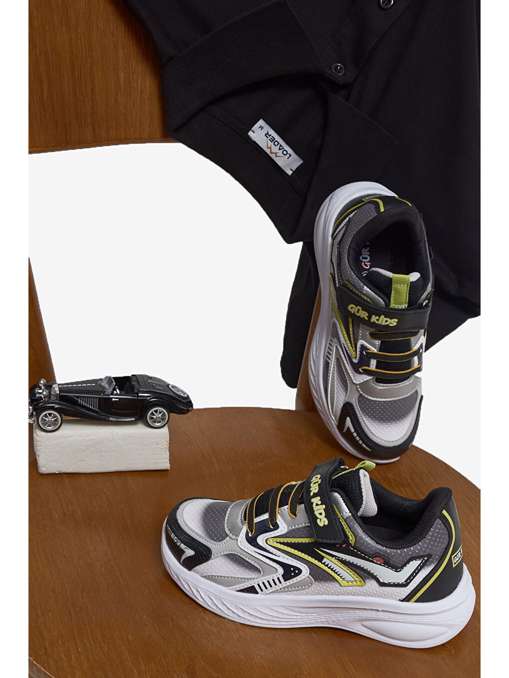 Çocuk Unisex Siyah Sarı Eva Faylon Taban Cırtlı Lastik Bağcıklı Spor Ayakkabı-1