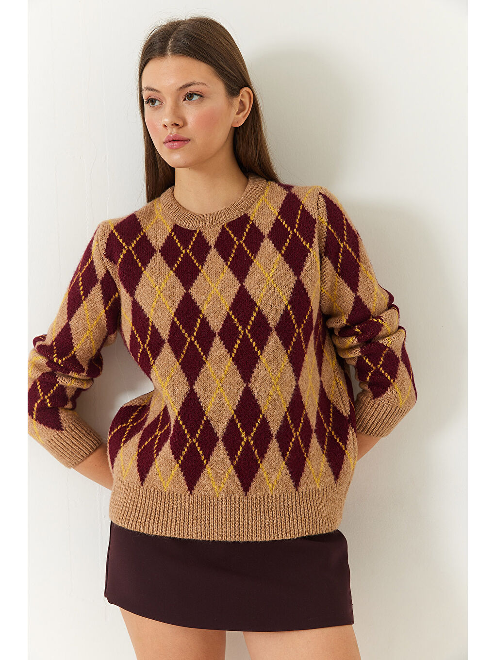 Bej Kadın Bisiklet Yaka Baklava Desenli Kazak-1