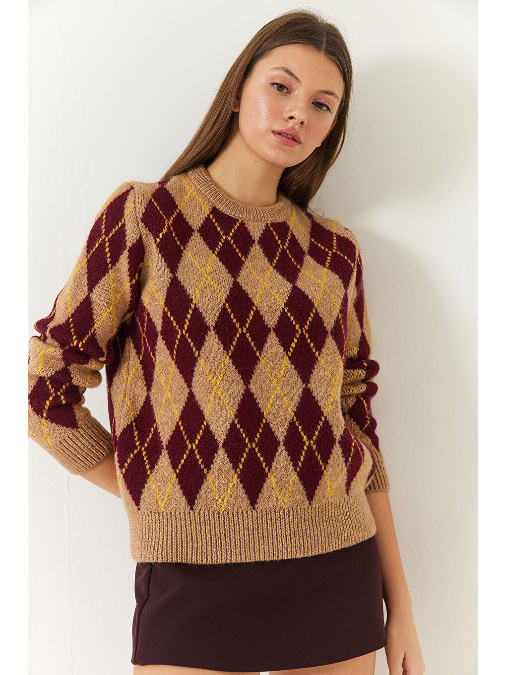 Bej Kadın Bisiklet Yaka Baklava Desenli Kazak-3