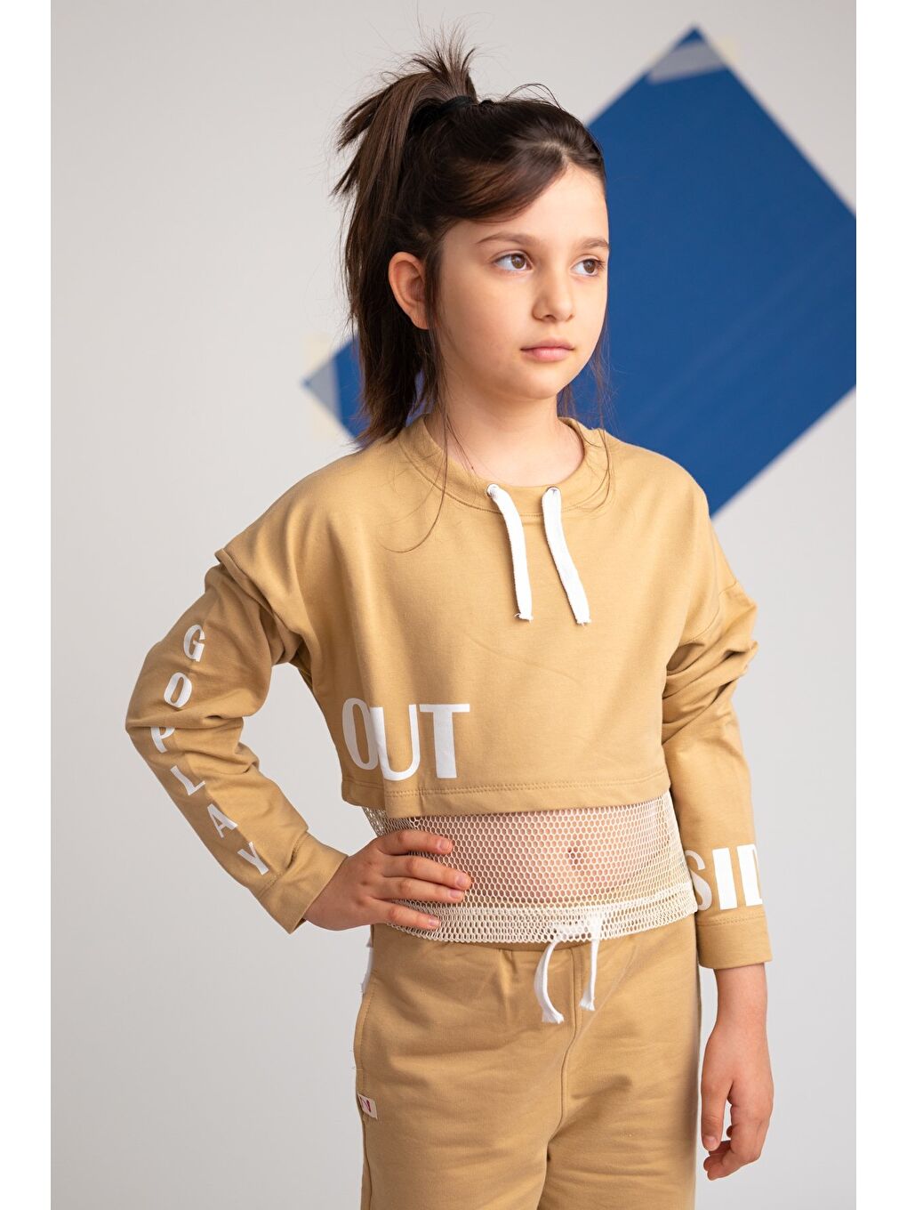 Kız Çocuk Go Play Fileli Crop Bej Sweatshirt (4-12Yaş)