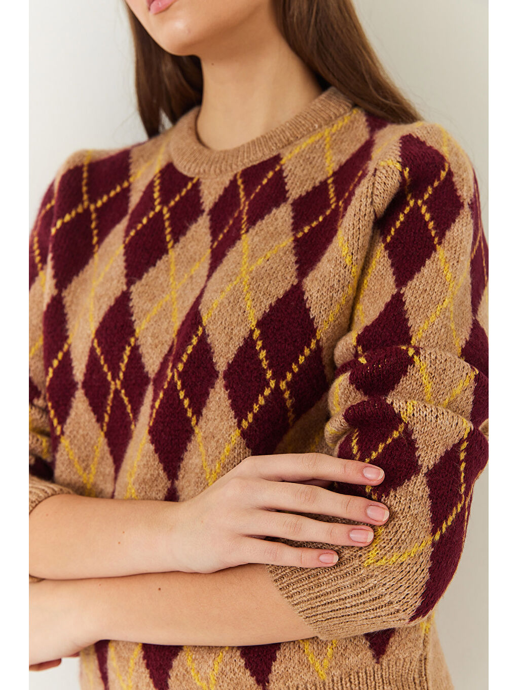 Bej Kadın Bisiklet Yaka Baklava Desenli Kazak-4