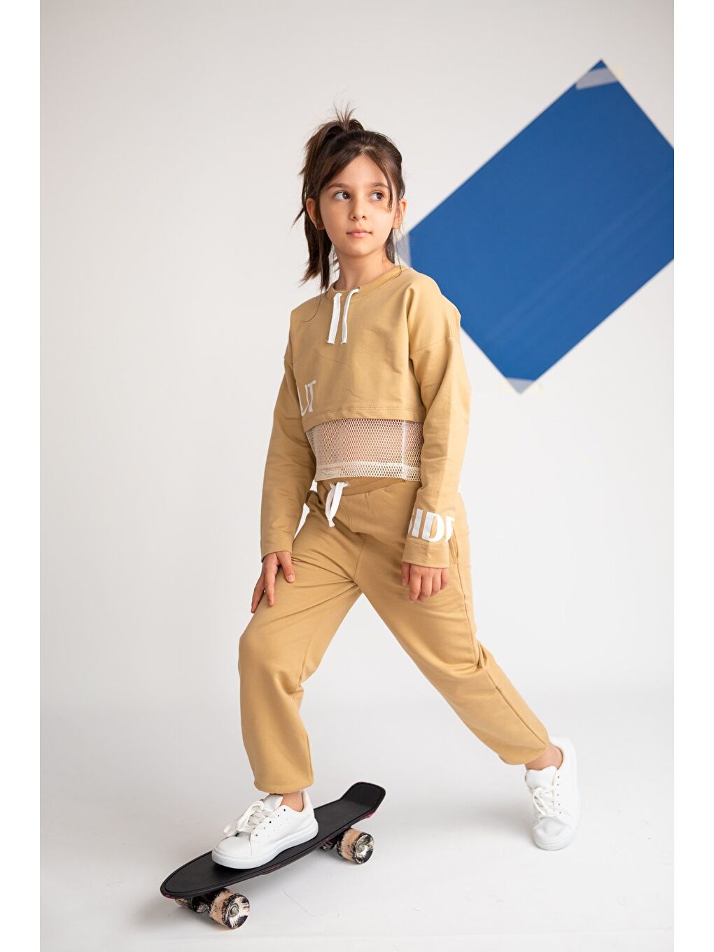 Kız Çocuk Go Play Fileli Crop Bej Sweatshirt (4-12Yaş)-1