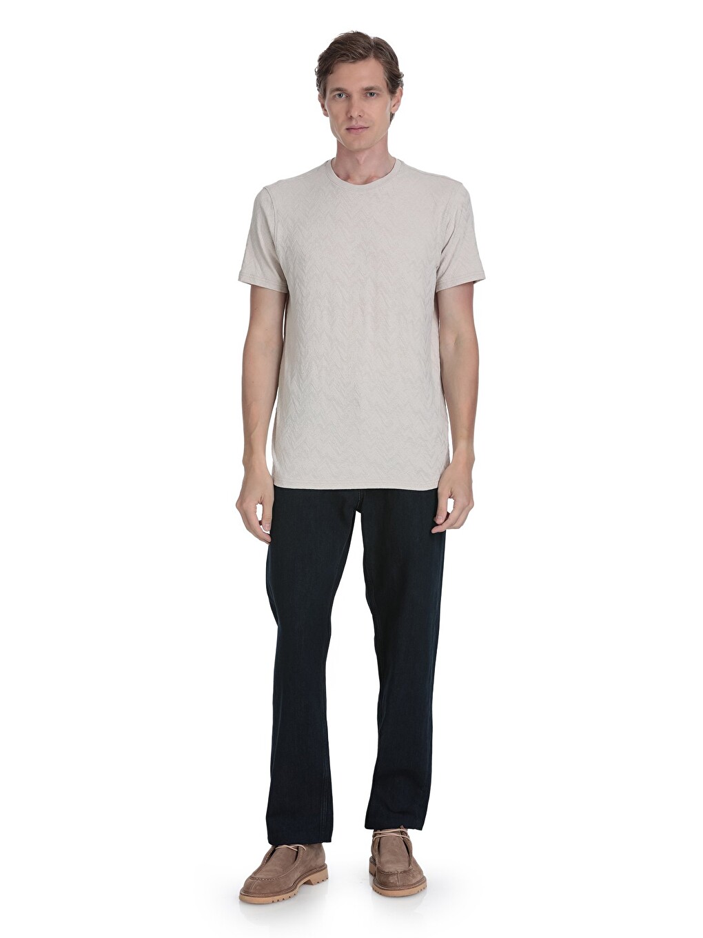 Bej Taş Regular Fit Bisiklet Yaka Tişört-1