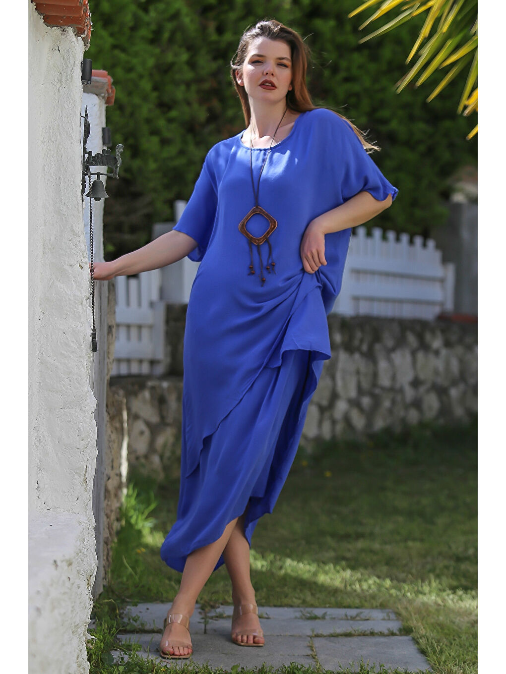 Lavanta Mavisi Havuz Yaka Kısa Kol İnce Çift Katlı Casual Dokuma Elbise 135 60-1