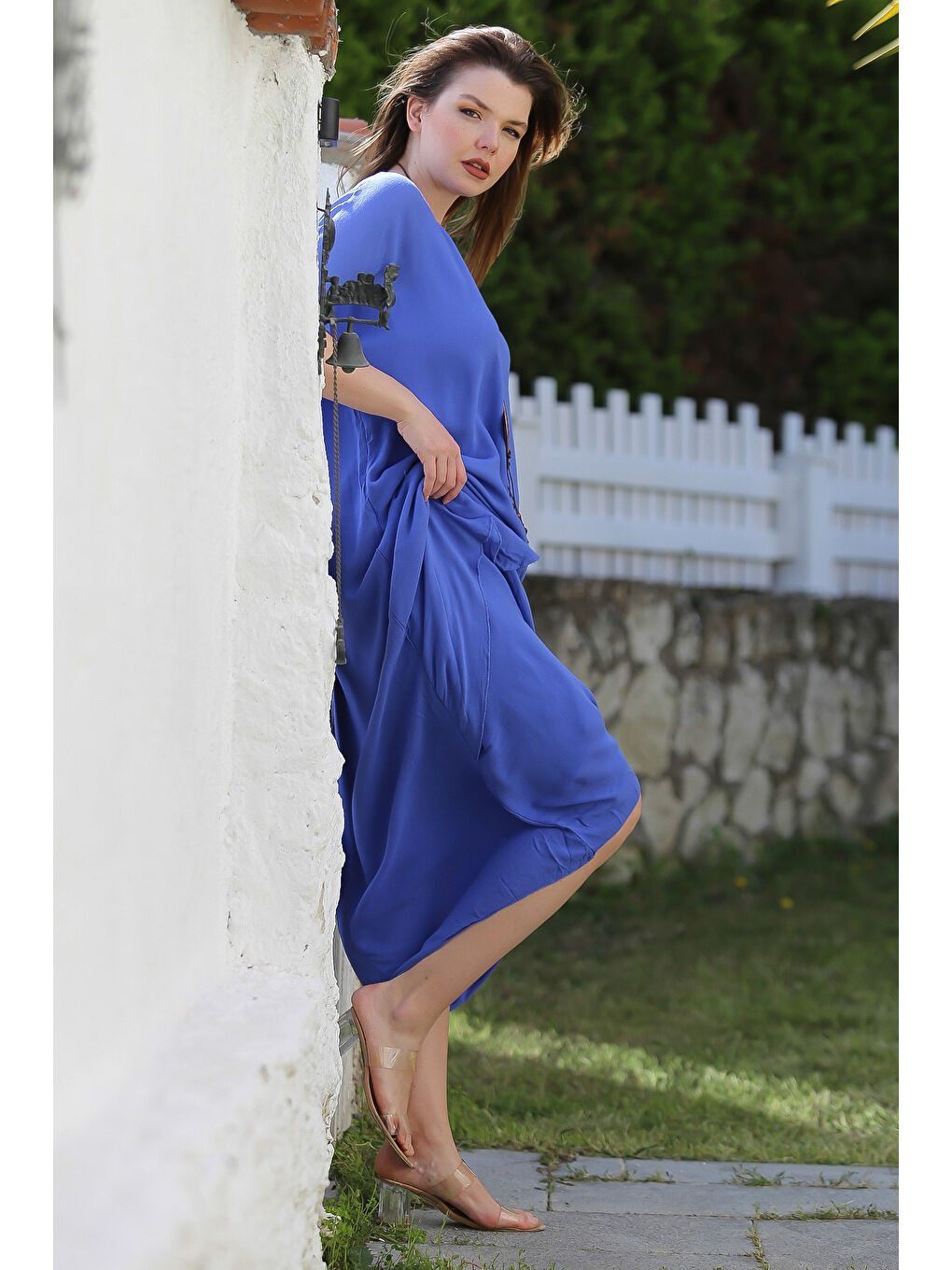 Lavanta Mavisi Havuz Yaka Kısa Kol İnce Çift Katlı Casual Dokuma Elbise 135 60-2