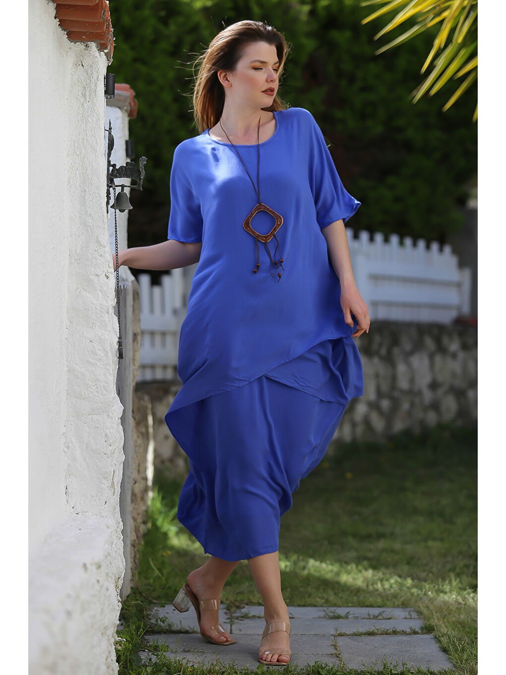 Lavanta Mavisi Havuz Yaka Kısa Kol İnce Çift Katlı Casual Dokuma Elbise 135 60-3