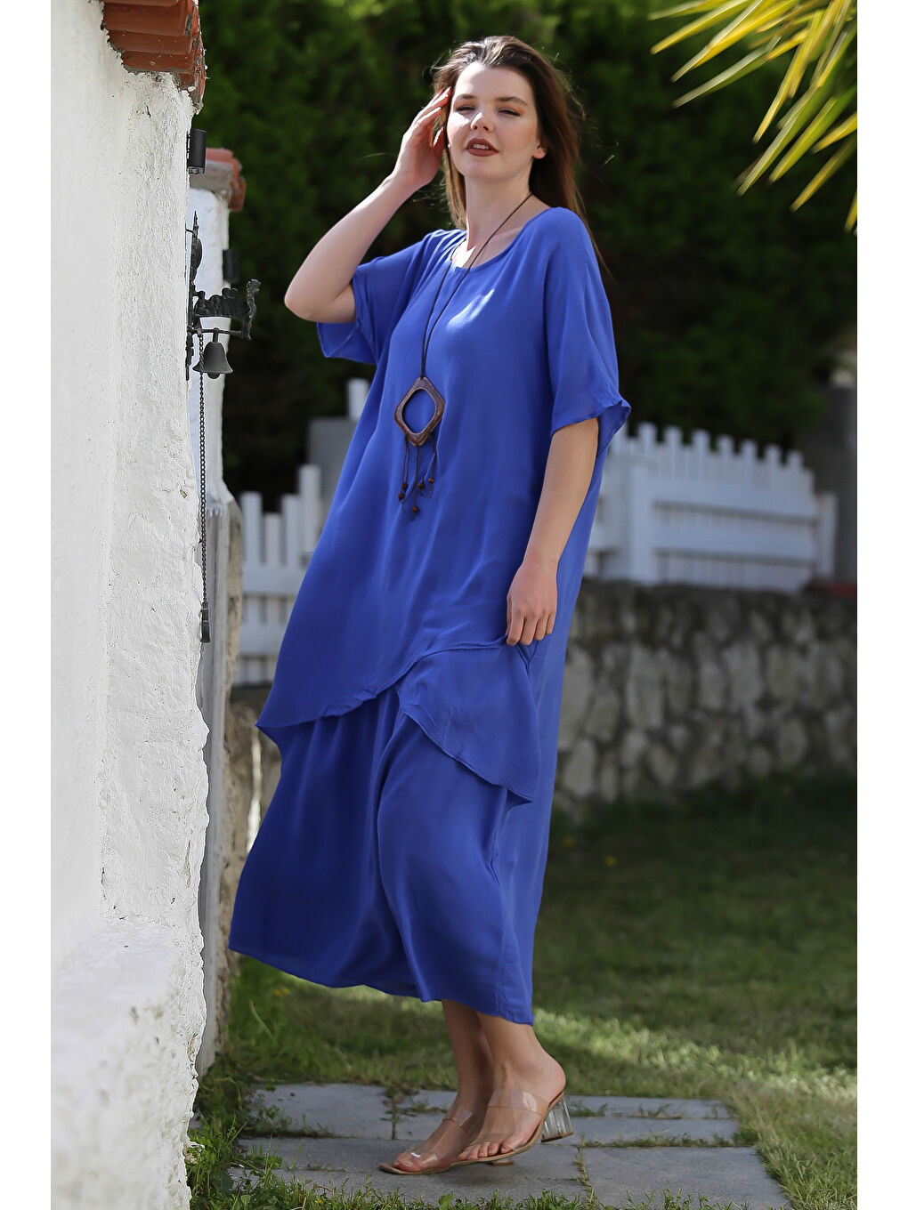 Lavanta Mavisi Havuz Yaka Kısa Kol İnce Çift Katlı Casual Dokuma Elbise 135 60-5