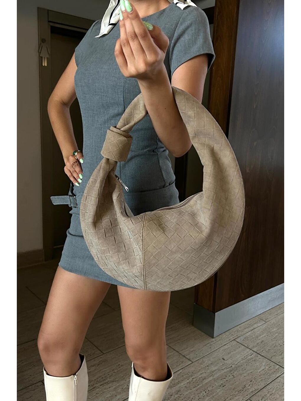 Bej Cove Süet Omuz Çantası Vizon-3