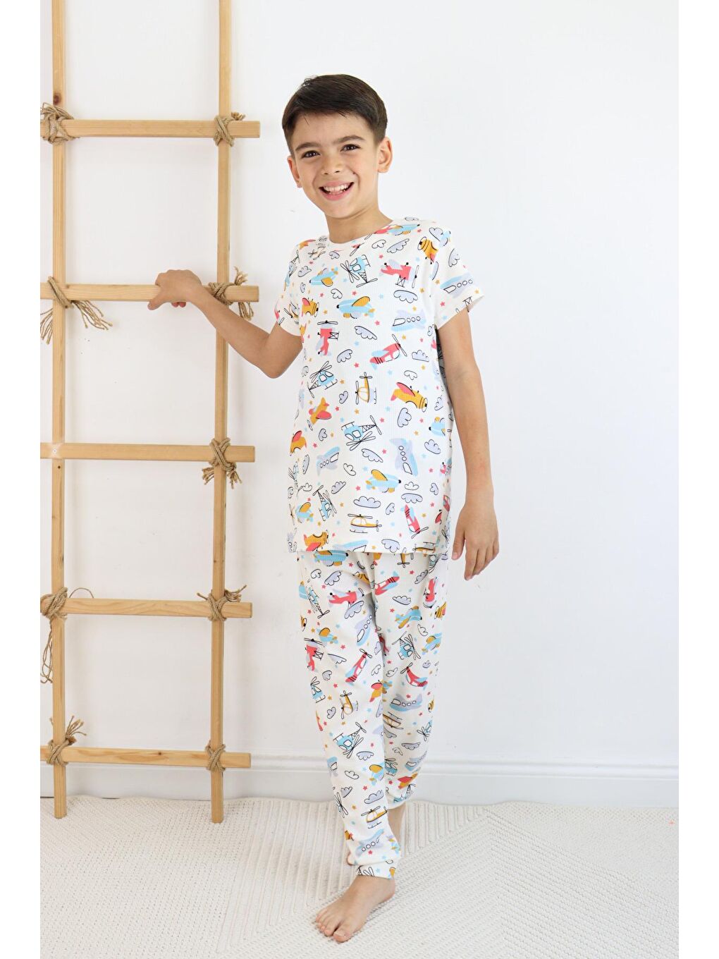 Harika KIDS Ekru Erkek Çocuk Baskılı Pamuklu Penye Kumaş  Pijama Takımı