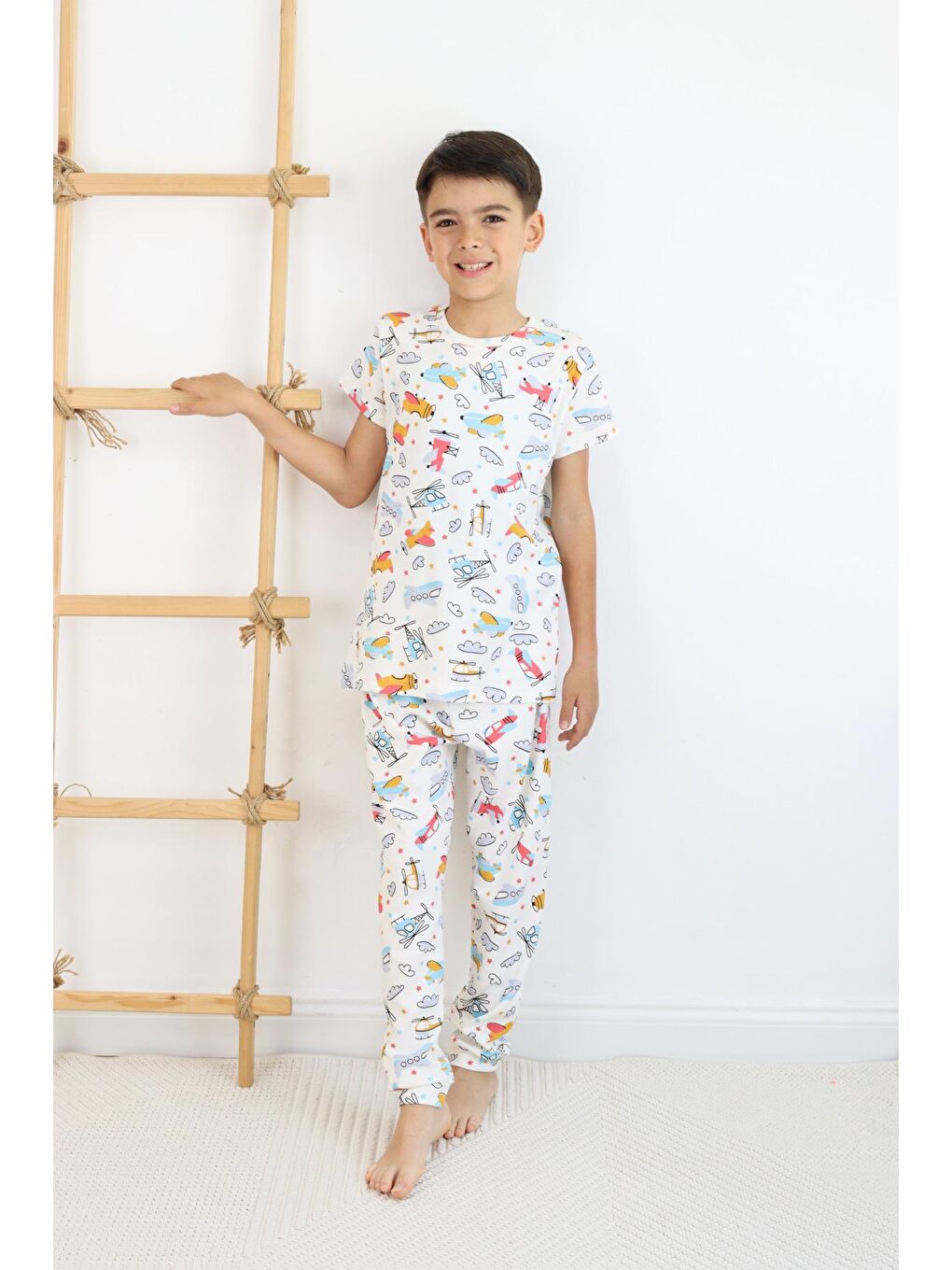 Harika KIDS Ekru Erkek Çocuk Baskılı Pamuklu Penye Kumaş  Pijama Takımı - 1