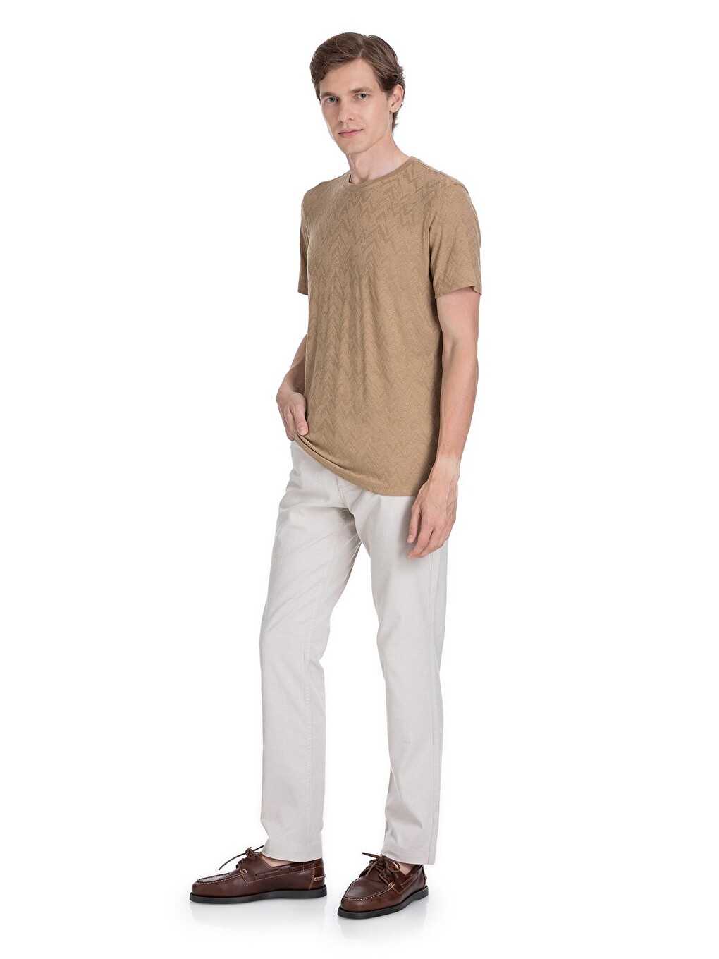 Bej Vizon Regular Fit Bisiklet Yaka Tişört-1