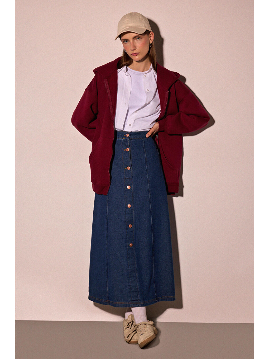 Bordo Kapüşonlu Örme Ceket-1