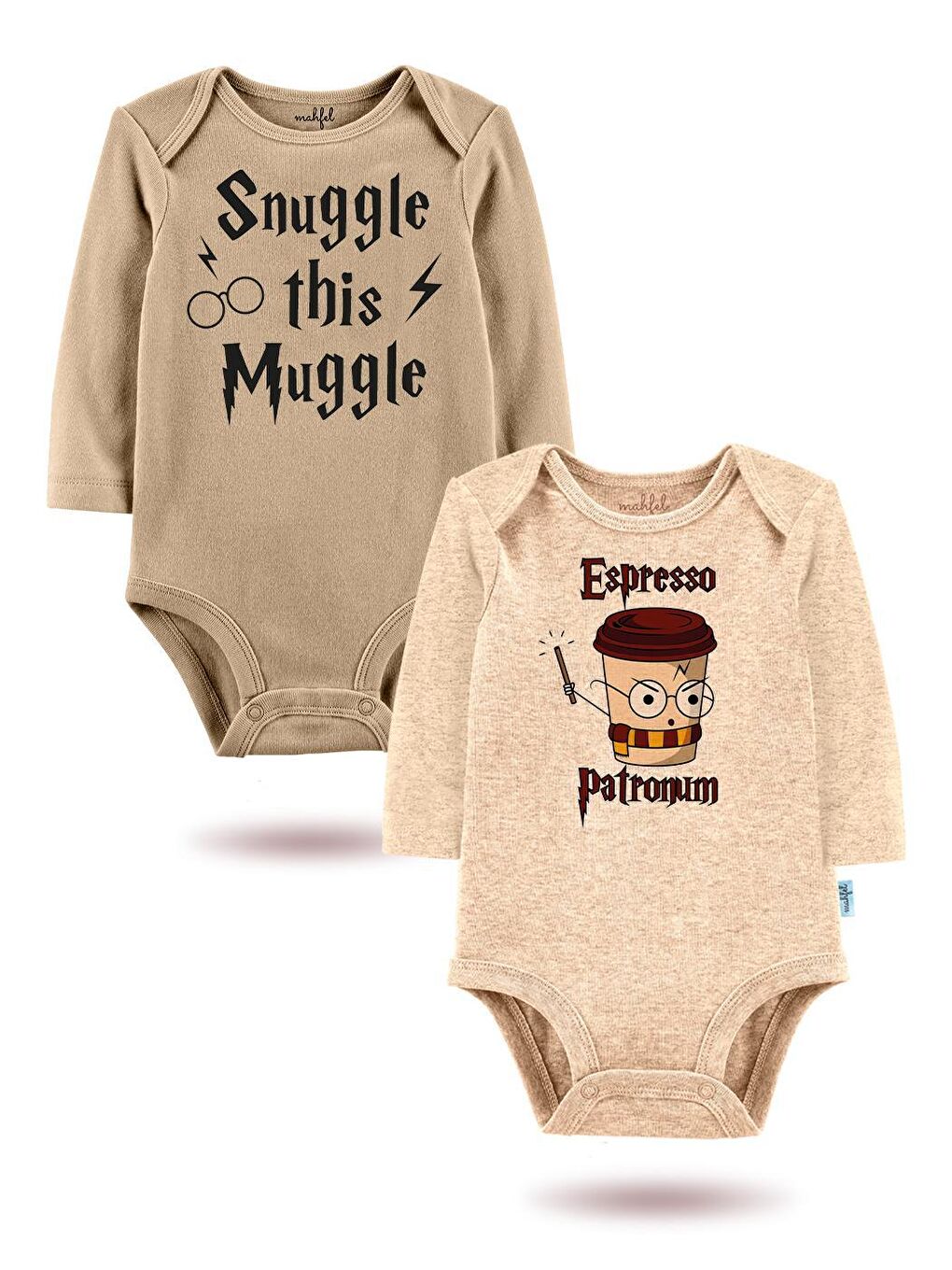 MAHFEL Bej-Kahverengi 2'Li " SNUGGLE THİS MUGGLE "Baskılı Uzun Kollu Unisex Bebek Çıtçıtlı Body