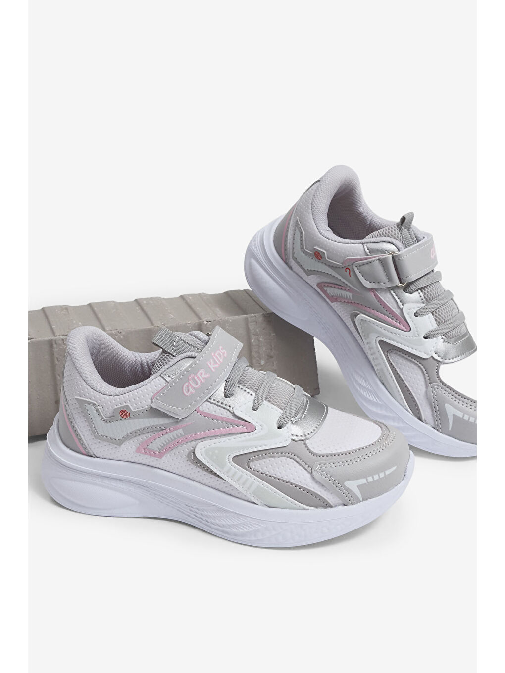 Çocuk Unisex Gri Pudra Eva Faylon Taban Cırtlı Lastik Bağcıklı Spor Ayakkabı