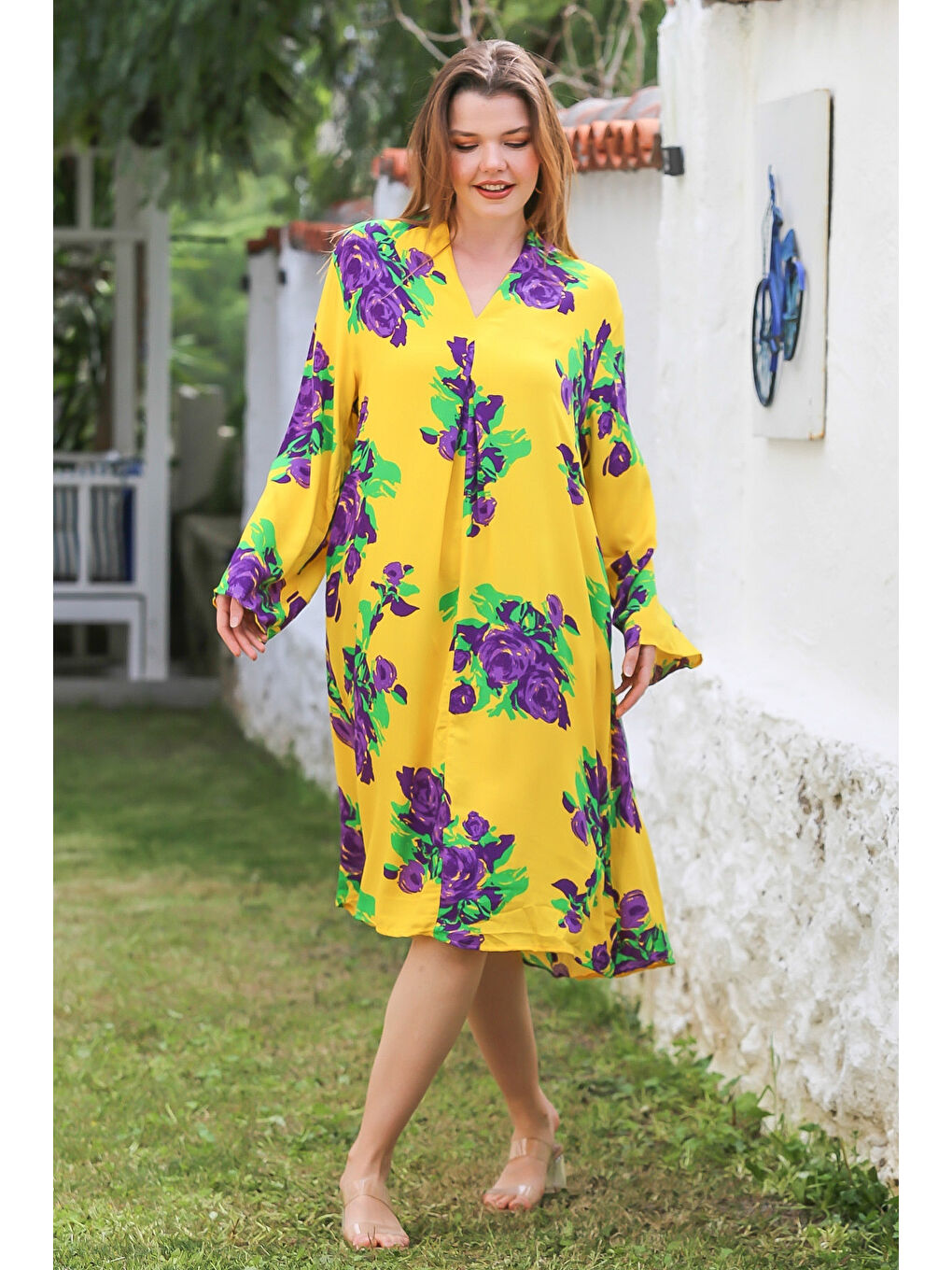 Sarı V Yaka Düğmeli Uzun Kollu Gizli Cepli Allover Baskılı Casual Viskon Dokuma Elbise 115 58-2