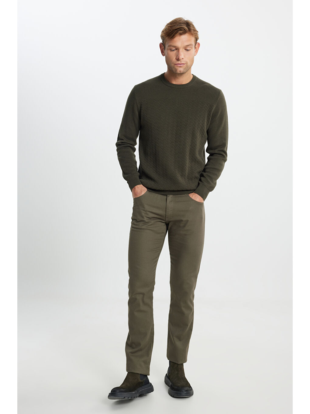 Erkek Haki Pamuklu Standart Fit Normal Kesim Bisiklet Yaka Desenli Triko Kazak-1