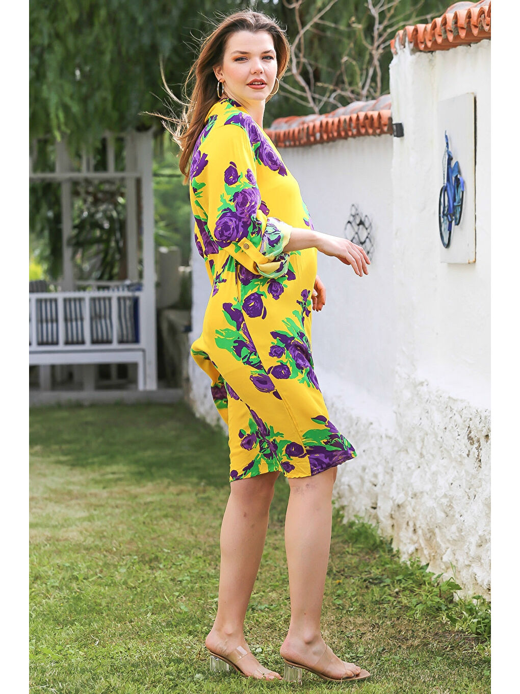 Sarı V Yaka Düğmeli Uzun Kollu Gizli Cepli Allover Baskılı Casual Viskon Dokuma Elbise 115 58-5