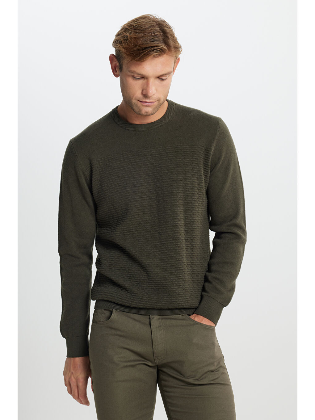 Erkek Haki Pamuklu Standart Fit Normal Kesim Bisiklet Yaka Desenli Triko Kazak-2