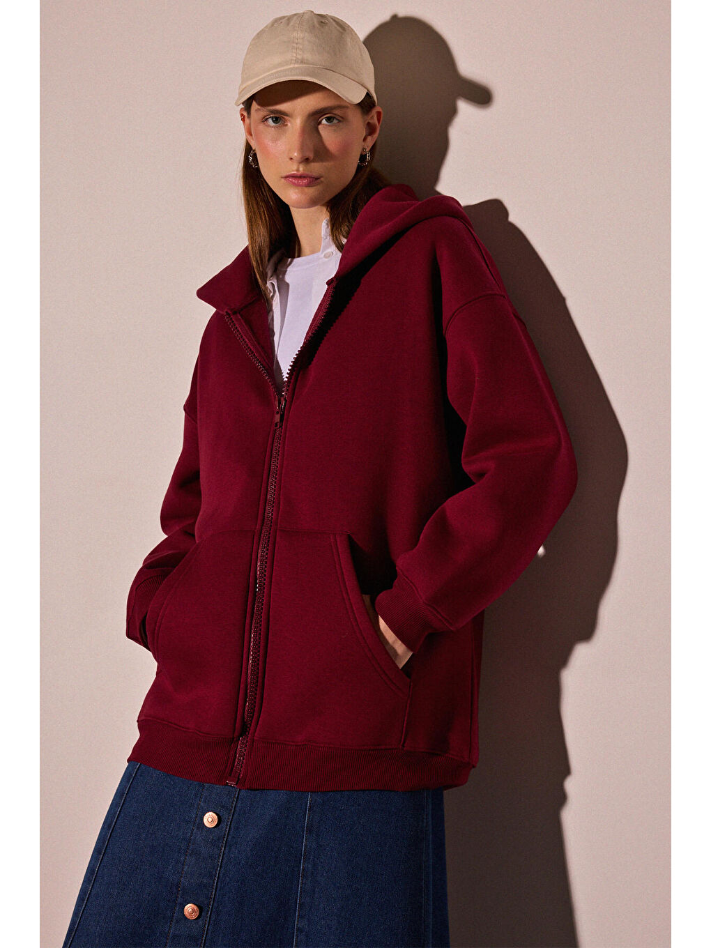 Bordo Kapüşonlu Örme Ceket-2