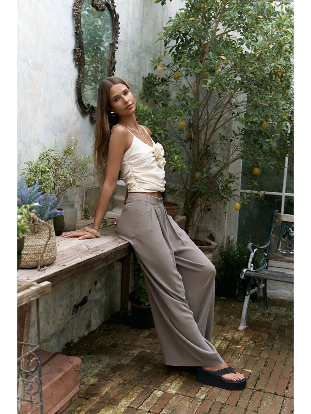 Gri Mahoney Füme Keten Palazzo Pantolon