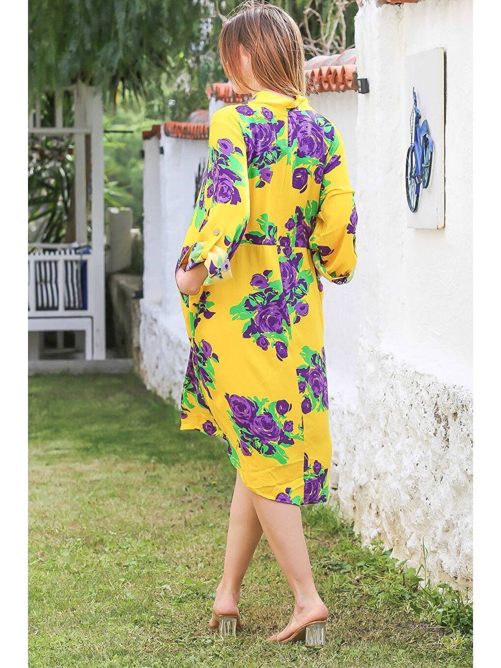 Sarı V Yaka Düğmeli Uzun Kollu Gizli Cepli Allover Baskılı Casual Viskon Dokuma Elbise 115 58-7